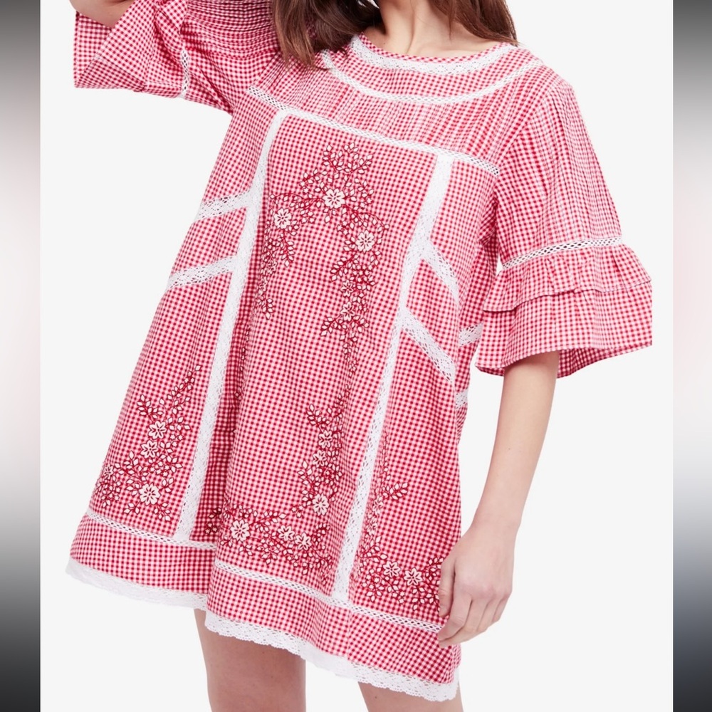 Free People White Red Embroidered Pocketed Dress